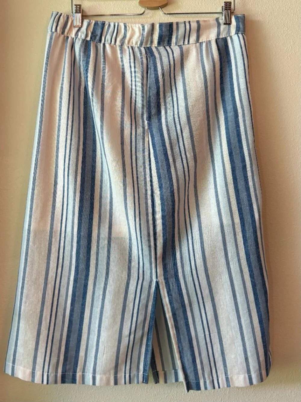 Linen Blend Midi Summer Skirt Blue White Vertical Striped Pockets M / L Capsule - Picture 9 of 12